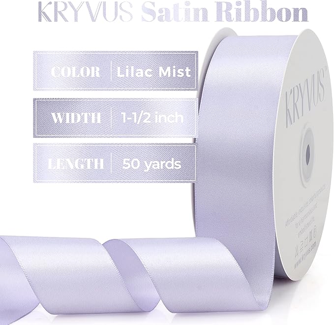 Lilac Mist Satin Ribbon, Double Faced 1-1/2 Inch X 50 Yards Lilac Mist Ribbon, Premium Satin Ribbon for Gift Wrapping, Crafts, Hair Bow Making, Sewing, Flower Bouquet, Wedding Party Decor