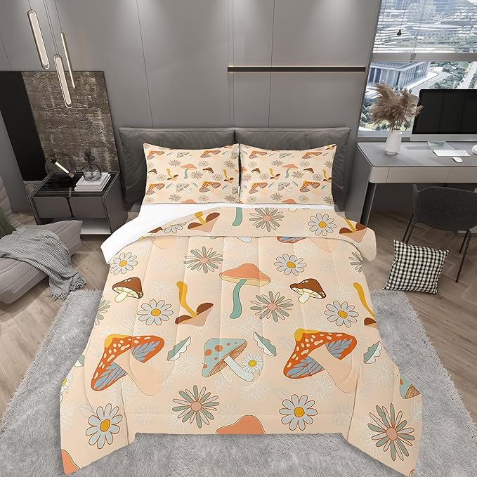 Castle Fairy 60s 70s Retro Mushroom Queen Size Comforter Set,Groovy Flowers Floral Bedding Set with 2 Pillowcases,Boho Art Breathable Polyester Bedding Comforters