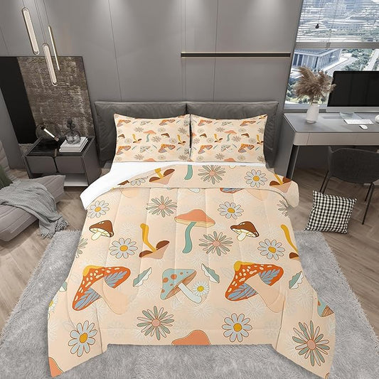 Castle Fairy 60s 70s Retro Mushroom Bedding Comforters King Size,Groovy Flowers Floral Duvet Set for Bedroom Decor,Boho Art Durable Comforter Set with 2 Pillowcases