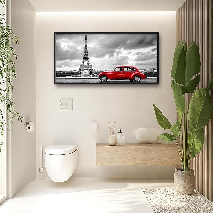Eiffel Tower Large Wall Art Black and White Framed Red Wall Decor for Living Room Paris City Pictures Oversized Canvas Print Painting Modern Extra Large Framed Artwork for Bedroom Office 60"x30"