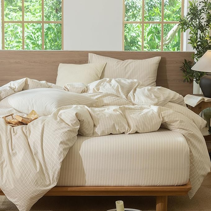 MooMee Striped Duvet Cover Set 100% Washed Cotton Linen Like Textured Breathable Durable Soft Comfy (Almond Milk Grey White Wide Stripes, Oversized King Plus 128"x120")