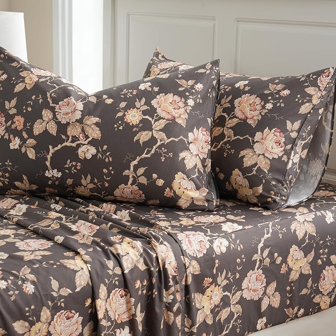 Zusbest Dark Brown Floral Bed Sheets Set - King Size Percale Cotton Shabby Rustic Peony Flower Print Bed Sheets - Soft Breathable Mocha Classic Vintage Bedding 4 Pcs Deep Pocket Flower Bed Sheets