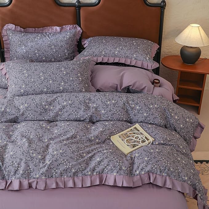 Purple Ruffle Duvet Cover King 100% Cotton Daisy Flower Comforter Cover Boho Cottagecore Bedding Set Vintage Floral Quilt Cover Romantic Ruffle Comforter Cover Botanical Floral Duvet Cover Set King