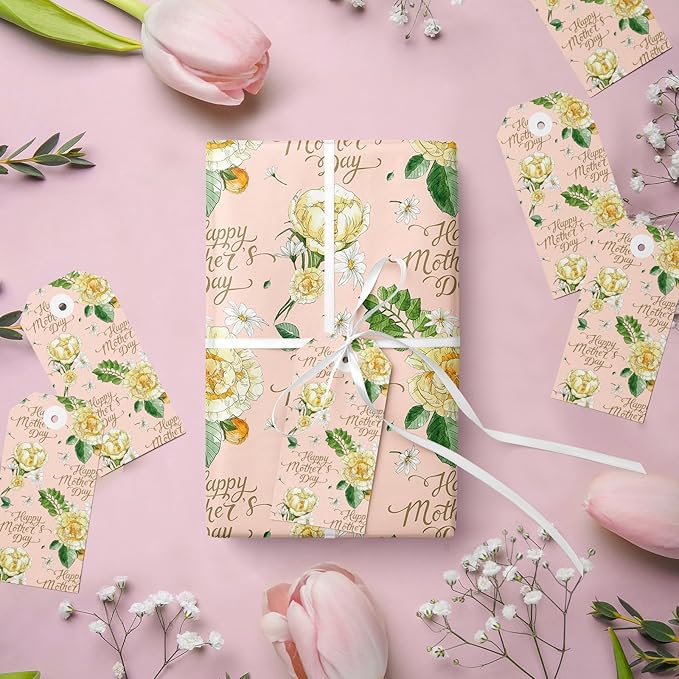LeZakaa Mother's Day Wrapping Paper Roll, Happy Mother's Day Lettering, Yellow Floral Party Gift Wrap for Women, Mom, 17 inches x 16.4 Feet (23.2 sq.ft.)