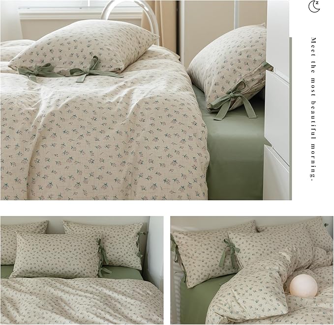Full Comforter Set Vintage Green Floral Bedding Comforter Boho Flower Cottagecore Comforter with 2 Bow Ties Pillowcases Fluffy Lightweight Bedding Farmhouse Botanical Comforter Set