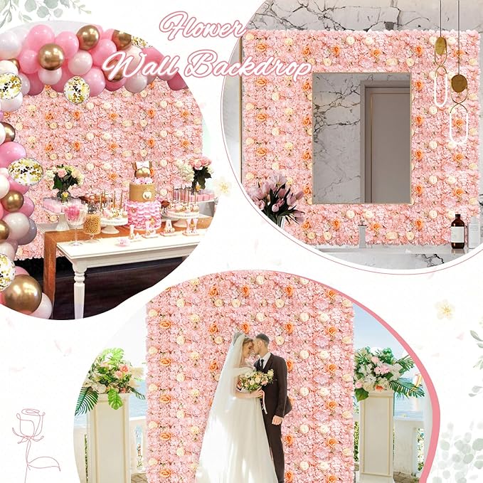 FOTSHARER Pink Artificial Flower Wall 15''x15'' Floral Wall Panels 12 PCS Wedding Flower Panels for Backdrop Floral Wall Set for Parties