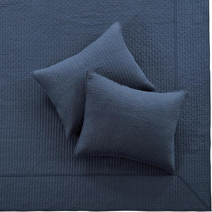 Levtex Home Cross Stitch Reversible Full Bedspread Set (100x104in) with 2 Pillow Shams (26x20in) - Stitch Texture - Navy - 100% Cotton Full Size Bedspread Set - Lightweight, Soft, Pre-Washed