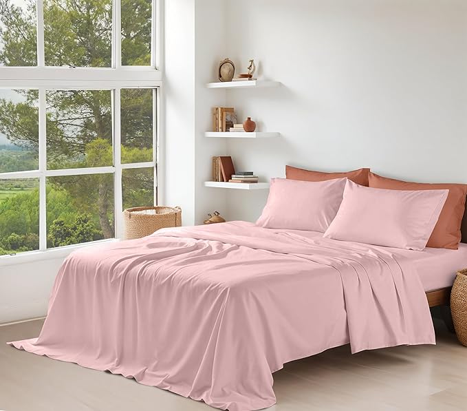 RUVANTI 100% Organic Cotton Sheets California King, Percale Weave, GOTS Certified, 4-Piece Set, Deep Pocket 13", Crisp & Breathable, Soft Durable Bedding, Sábanas Algodón Orgánico – Peach Skin