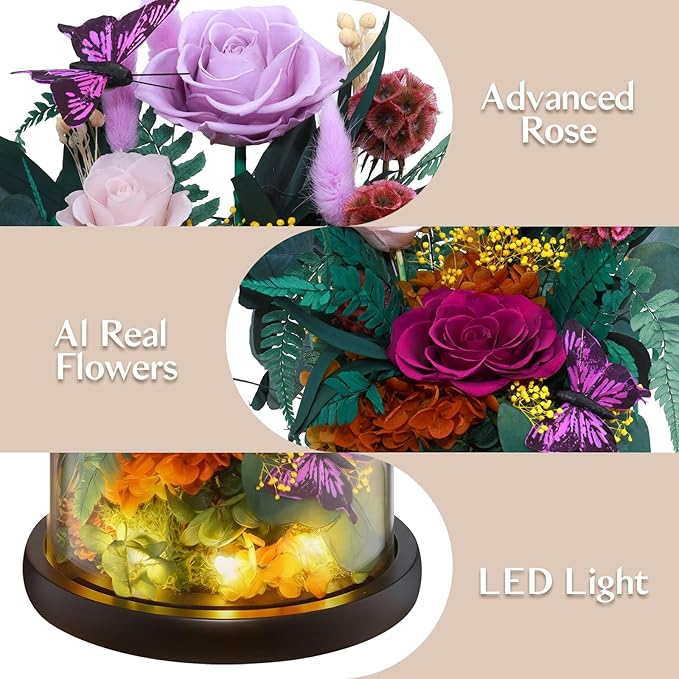 Preserved Rose with Butterfly, LED Forever Flowers in Glass Dome, Eternal Flowe for Women, Birthday Gifts for Mom Friend, Includes Greeting Card & Luxury Gift Box (Purple)