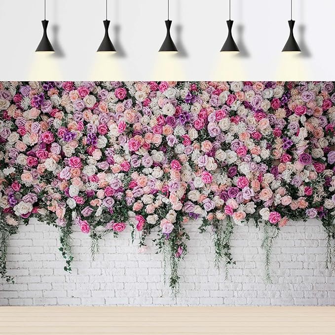 Rose Flowers Backdrop Beautiful Decorative Colorful Roses and Peonies on Brick White Wall Photography Background Interior Wedding Party Decorations Summer Flowers on Wall Building Props 10x6.5ft