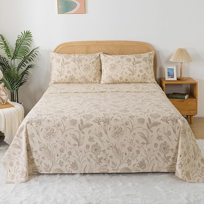 Zusbest California King Size Sheet Sets 100% Percale Cotton Beige Floral Bed Sheet, Brushed Extra Softness, Breathable Toile Flannel Sheets Like Khaki Flower Print Deep Pocket Sheets 17.5'' 4 Pcs