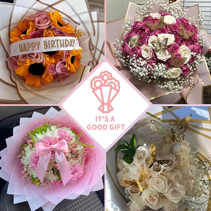 52Pcs Flower Bouquet Wrapping Paper Accessories Kit, 20 Sheets White Waterproof Floral Wrapping Paper, 12 Gold 12 Pink Butterflies, 5 Cards, 1 White Ribbon, 1 Letter 1 Rhinestone Sticker (White Edge)