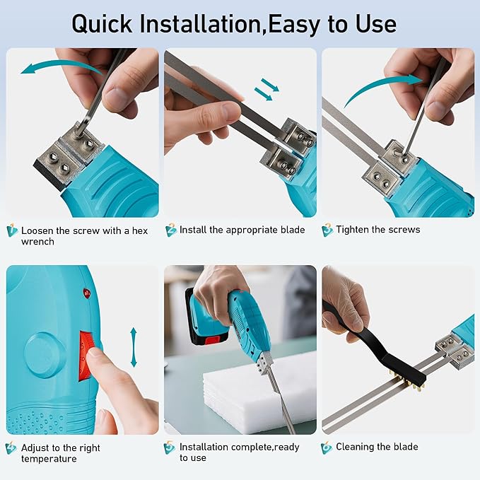 Cordless Hot Knife with Battery,Electric Styrofoam Cutter Kit with Temperature Control Max 932°F(500℃),150W Hot Knife with 6 Blades for Cutting Belt,Webbing,Fiber,Cloth,Rope,Rubber