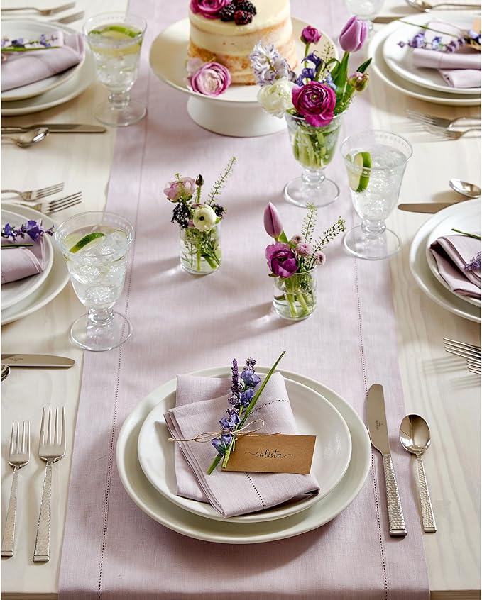 Solino Home Linen Lilac Table Runner 144 Inches Long - 100% Pure Linen Extra Long Table Runner 14 x 144 Inch for Valentines, Spring, Easter - Classic Hemstitch