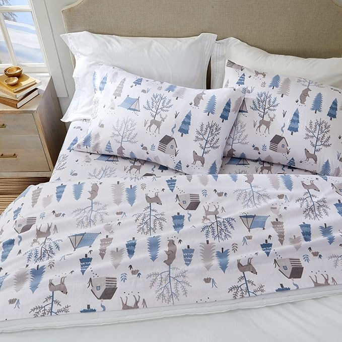 Market & Place 100% Turkish Cotton Flannel Sheet Set | 4 Piece Deep Pocket Novelty Cozy Winter Bed Sheets | Double Brushed for Extra Softness & Comfort | Alpine Collection (Full, Winter Wildlife)