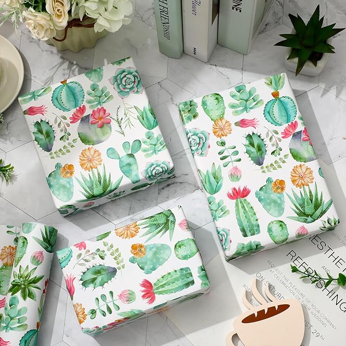 JarThenaAMCS Cactus Wrapping Paper -Mini Roll- 17 Inch x 32.8Ft Watercolor Succulent Plant Gift Wrap Paper Decorative Art Paper for Birthday Wedding DIY Crafts