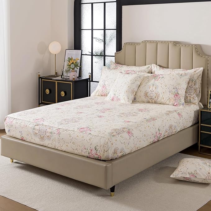 FADFAY 100% Cotton Pink Rose Floral 4-Piece Twin Bed Sheet Set, Soft Breathable Cooling Sheets with Deep Pocket Fitted Sheet, Flat Sheet & Pillowcases, All Season Romantic Vintage Bedding