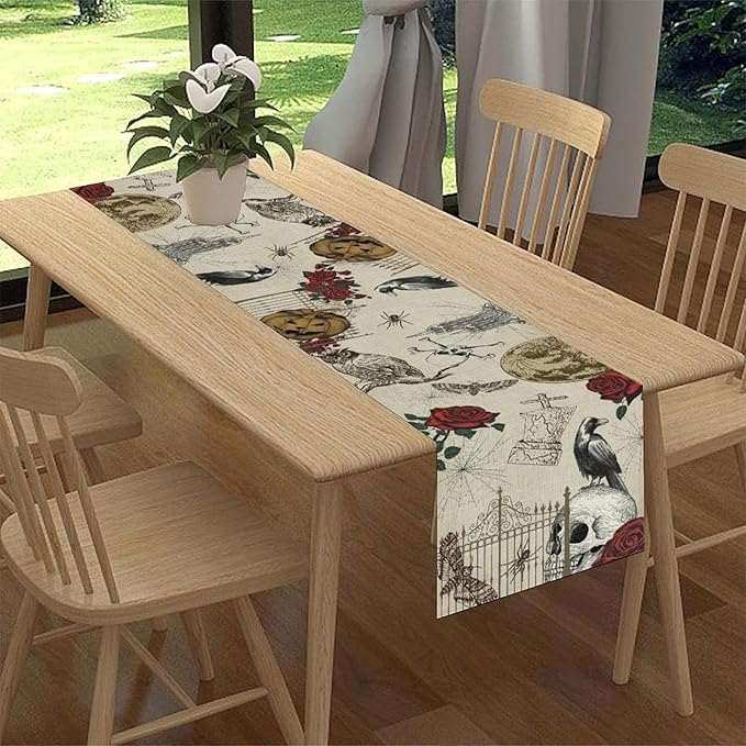 Gothic Floral Table Runner, Retro Dark Skull Crow Vintage Flower Halloween Pumpkin Witchy Coffee Table Center Decor for Home Kitchen Dining Patio Holiday Party Table Decorations 13x90 inches