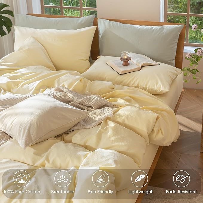 MooMee Bedding Duvet Cover Set 100% Washed Cotton Linen Like Textured Breathable Durable Soft Comfy (Heathered Butter Yellow, Super King 108"x98")