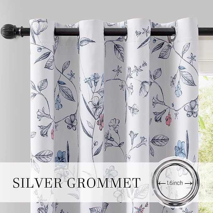 ChrisDowa 100% Blackout Floral Curtains 108 Inches Long 2 Panels for Bedroom Living Room Navy Blue Flower Patterned Room Darkening Thermal Insulated Soundproof Grommet Window Treatments Drapes,52X108