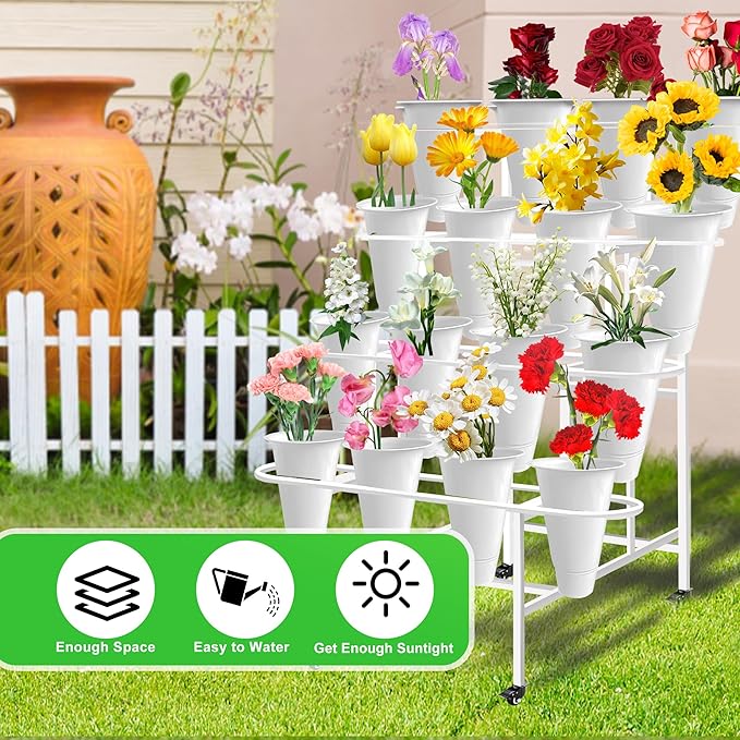 Flower Display Stand with 16PCS Buckets, 4 Layers Flower Cart Display Stand with Wheels Heavy Duty Metal Flower Bar Stand - White