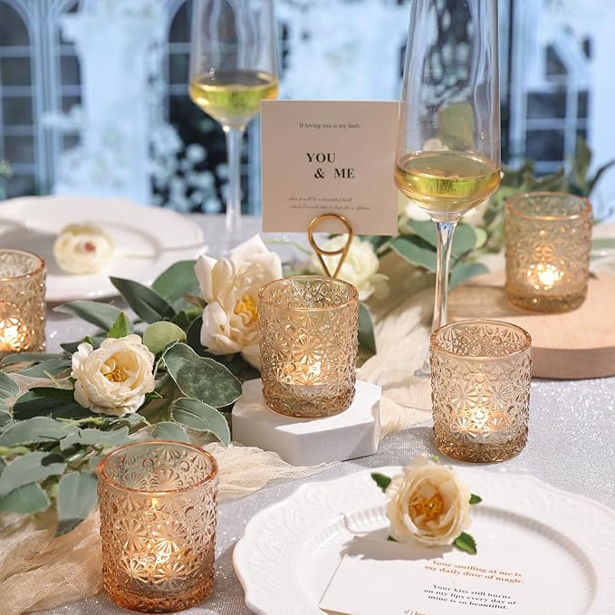 Gold Votive Candle Holder Set of 12, Flower Tea Lights Candles Holders for Wedding Table Centerpieces, Birthday Parties, Anniversary, Bridal Shower and Holiday Decorations
