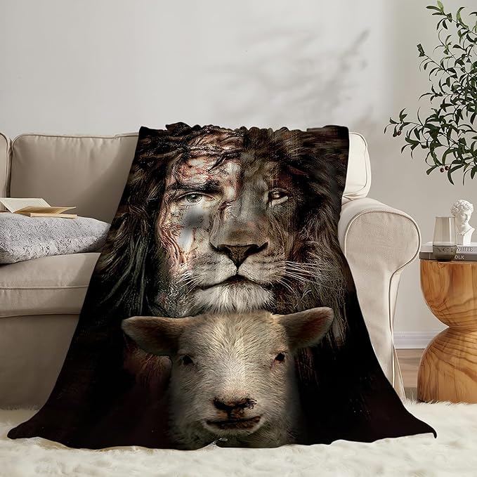 Christian Jesus Lion and Lamb Throw Blanket - Religious Gifts and Decor for Men Women Adults - Soft Warm Cozy Fleece for Couch Sofa Bed 60"x50"