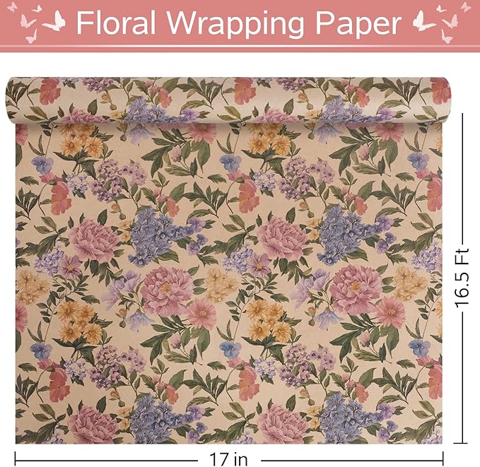 RayofSun Kraft Floral Wrapping Paper Roll 17 in x 16.5 ft Mini Roll Vintage Pink Peonies Wildflowers Garden Flower Gift Wrap Paper for All Occasion Wedding Birthday Bridal Shower Party Christmas