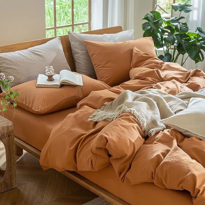 MooMee Bedding Duvet Cover Set 100% Washed Cotton Linen Like Textured Breathable Durable Soft Comfy (Solid Burnt Orange, Cal King 104"x98")