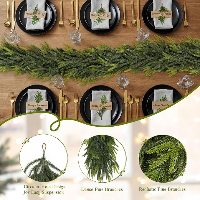 N&T NIETING 9FT Christmas Norfolk Pine Garland Real Touch Pine Artificial Garlands Faux Greenery Garland Winter Christmas Garland for Table Mantle Fireplace Indoor Outdoor Xmas Decorations (6 Pcs)