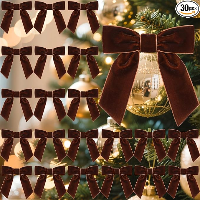 30 Pcs Velvet Ribbon Bows 3.5" x 3.5" Pre Tied Christmas Velvet Bows with Twist Tie for Gift Packaging Christmas Tree Wreaths Door Windows Wedding Party Decoration(Brown)