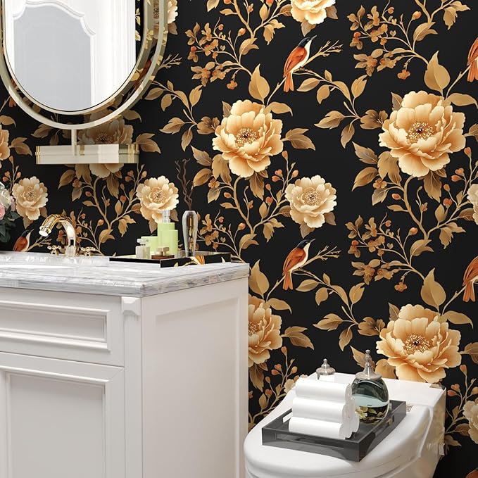 Vintage Floral Bird Wallpaper Peel and Stick Boho Wallpaper 17.5in x393in Black/Golden Floral Wall Mural Waterproof Self-Adhesive Modern Wall Paper for Bedroom Kitchen Cabinet Drawer Decor