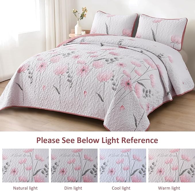 Dinjoy King Size Quilt Set Floral,3 Piece Pink/Blush Farmhouse Bedding Set Lightweight Flower Bedspreads White Coverlet Bed Sets Cute Fall Quilts for All Season(110"x90")