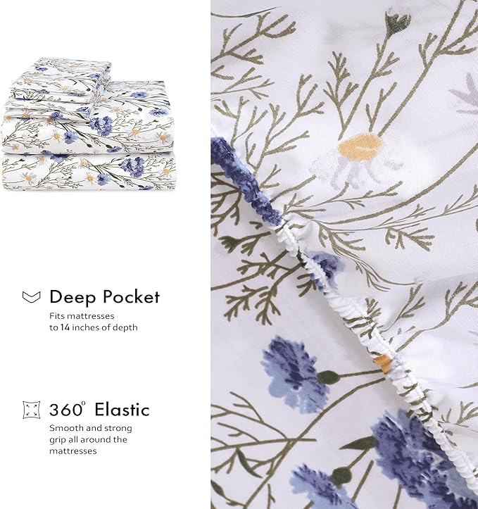 RUVANTI 100% Cotton California King Sheet Sets, 4 Pieces, Soft & Breathable Percale Weave Bedding, Deep Pocket 14", Hotel Standard, Crisp Cool Feel & Durable, Perfect Floral Sheets, Sweet Pea