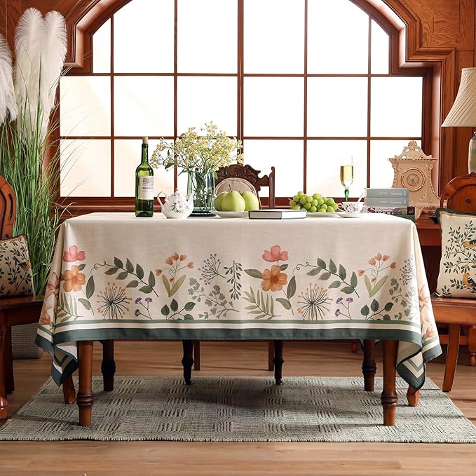 Beige Linen Small Rectangle Tablecloth,Vintage French Shabby Chic Floral Wrinkle Free Table Cloth,Decor Table Cover for Kitchen,Dining,Party,Christmas,Thanksgiving,55"*71"-Manolya