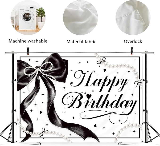 Black Bow Happy Birthday Banner Backdrop 7Wx5H Photography Black White Pearls Bowknot Balloons Girly Female Background Aesthetic Pretty Bday Party Decorations Banner Photo Booth Props Supplies