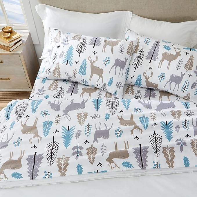 Market & Place 100% Turkish Cotton Flannel Sheet Set | 4 Piece Deep Pocket Novelty Cozy Winter Bed Sheets | Double Brushed for Extra Softness & Comfort | Alpine Collection (Full, Holiday Deer)