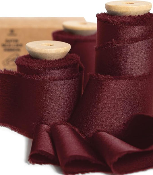 Vitalizart Silk Satin Ribbon 1-1/2 inch x 15 Yard Burgundy Red Handmade Frayed Ribbons for Gift Wrapping Baby Shower Wedding Bridal Bouquets Holiday Decor