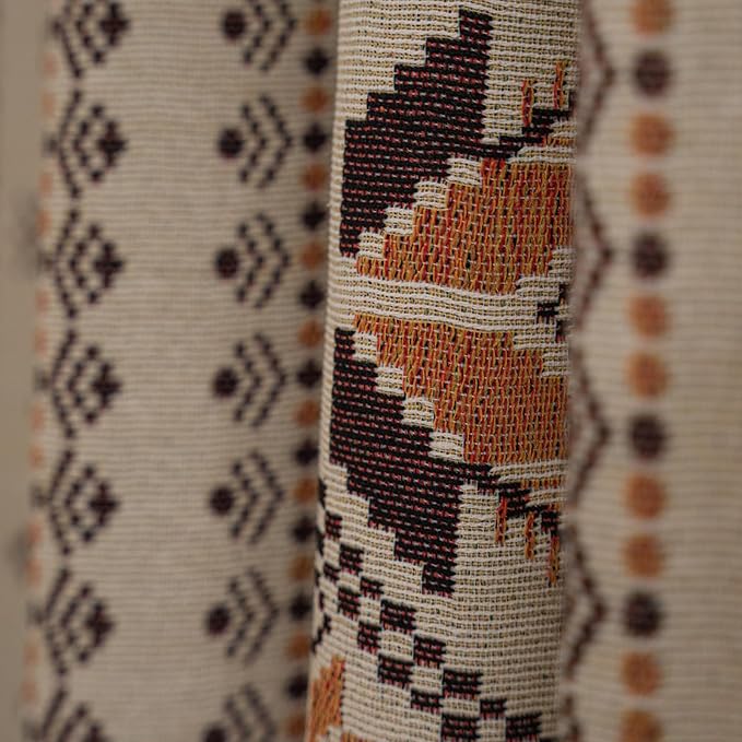 Boho Curtains 63 Inch Length 2 Panels Geometric Patterned Drapes Bohemian Semi Sheer Rod Pocket Tassel Short Window Curtain Panels for Bedroom Living Room Farmhouse Coffee Brown Vintage Rustic Curtain