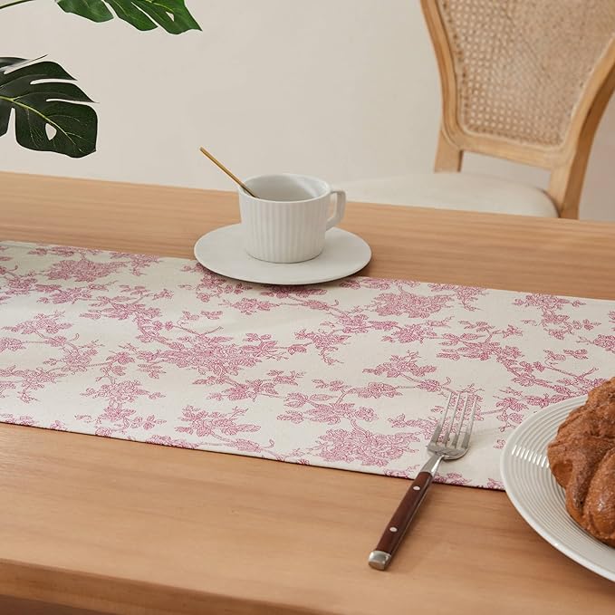 100% Cotton French Pastoral Table Runners, 13x48 Inch Pink Farmhouse Table Runners 48 Inches Long, Vintage Flowers Print Home Decors