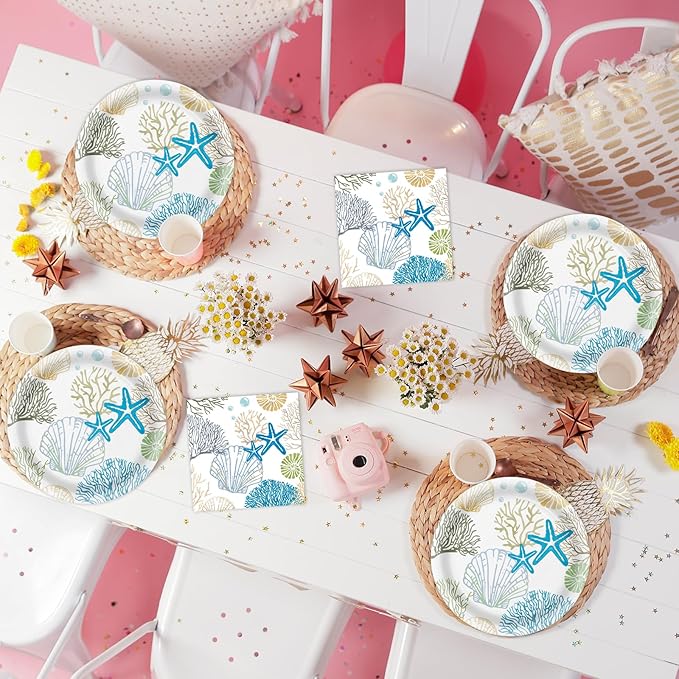 40 Pcs Ocean Seashell Plates and Napkins Party Supplies, Coastal Beach Paper Plates Napkins Starfish Coral Disposable Tableware Set for Summer Birthday Baby Shower Beach Party Decorations (Ocean)