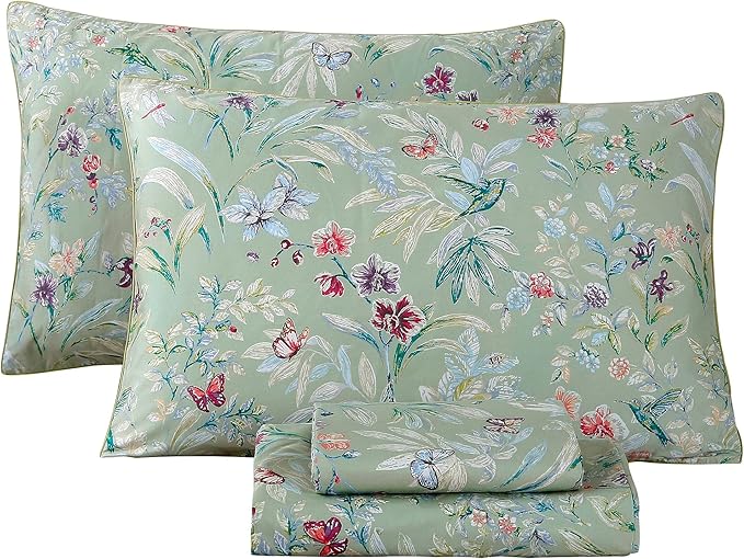 RYNGHIPY Shabby Flowers Print Bed Sheet Collections Egyptian Cotton Garden Floral Sheets (Green Floral,Full Size)