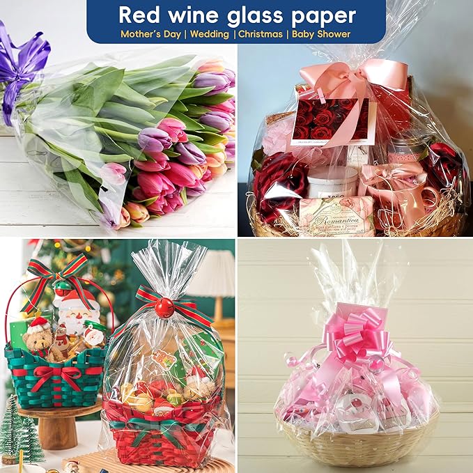 POPGIFTU 148 ft Clear Cellophane Wrap Roll (34 in x 148 ft)-3 Mil Thicken Cellophane Roll, Large Clear Wrapping Paper to Flower Gift Baskets Wrap, Gift Basket Wrapping Supplies