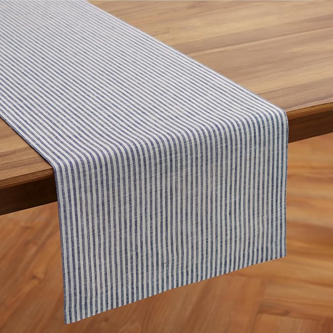 Solino Home Linen Table Runner 72 Inches Long - Narrow Stripe, 100% Pure Linen Navy and White Table Runner 14 x 72 Inch for Dining, Dresser, Spring, Easter