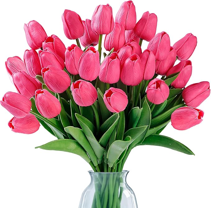Sggvecsy 30 Pcs Fake Tulips Artificial Flowers Real Touch PU Faux Flowers Tulip Stems for Wedding Spring Bouquet Floral Arrangement Home Party Office Decorations for Mother's Day (Dark Pink)