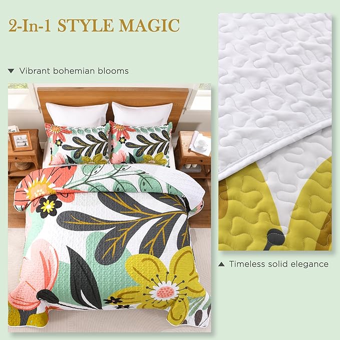 Andency Floral Boho Queen Quilt Bedding Set Green, 3 Pieces Farmhouse Flower Botanical Summer Bedspreads with 2 Shams, Soft Reversible Lightweight Microfiber Coverlet Set for All Season, 90"x96"