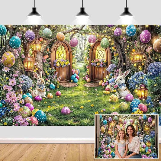 7X5ft Enchanted Forest Easter Backdrop Fairy Tale Rabbit Magic Garden Easter Egg Wonderland Floral Photography Background for Kids Girls Party Decoration Cake Table Photo Booth Props
