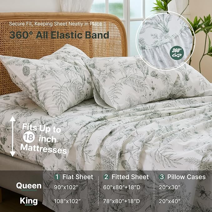 100% Cotton Sheet Set King Size – 4-Piece Chic Garden Floral Bedding Set, Soft Breathable Percale Weave, Deep Pocket Fitted Sheet 17.5", Crisp Cool Feel, Refined Botanical Elegance