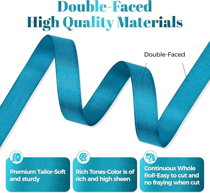 Turquoise Blue Satin Ribbon, Double Faced 1/2 Inch X 50 Yards Turquoise Ribbon, Premium Satin Ribbon for Gift Wrapping, Crafts, Hair Bow Making, Sewing, Flower Bouquet, Wedding Party Decor