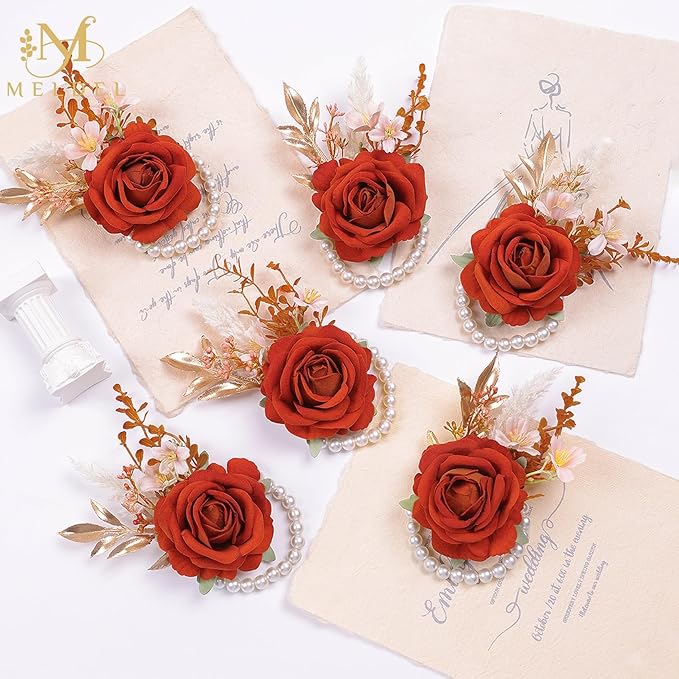 Meldel Orange Velvet Rose Wrist Corsage, Set of 6, Wedding Bridal Flower Corsage Hand Decor for Prom Party Homecoming, Wristband Flowers Bride, Bridesmaid, Girl